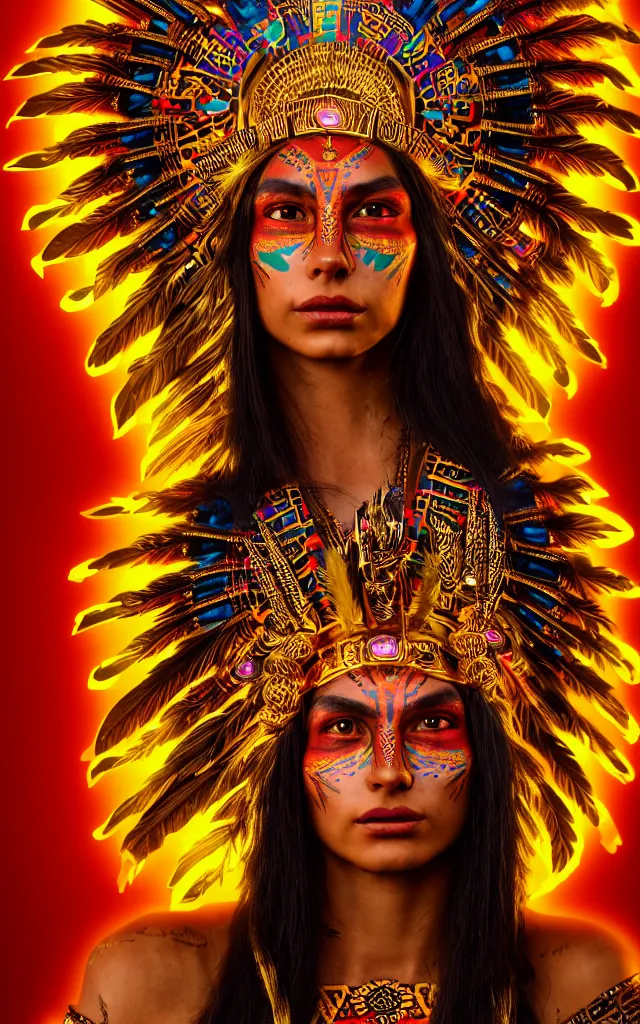 Image similar to native - aztec - neon - dmt warrior - princess goddess with a golden headdress, piercing glowing eyes, a beautiful body with aztec - dmt gilded gold foil tattoos, full - body uncropped photo, 4 k cinematic hyperdetailed photorender realityengine ultrahd 1 0 0 mp photo