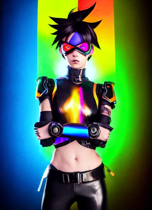 Image similar to full body overwatch style oil painting portrait of tracer overwatch, confident pose, full body, full body, wearing black jagged iridescent rainbow latex armor, rainbow, neon, 4 k, expressive surprised expression, makeup, wearing large rainbow neon choker, studio lighting, acid, trippy, black leather harness, expressive detailed face and eyes,