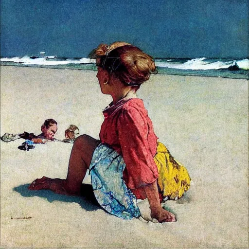 Image similar to “young girl at the beach by Norman Rockwell”