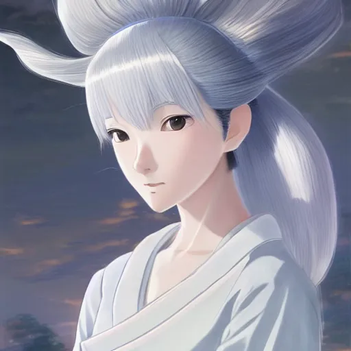 Image similar to Portrait of a japanese princess young lady, with white hair and bangs!!!! beauty artwork by Makoto Shinkai, Studio Ghibli, white hair, ayaka genshin impact, ayaka, ayaka game genshin impact, ayaka, extremely detailed, beautiful, establishing shot, artistic,