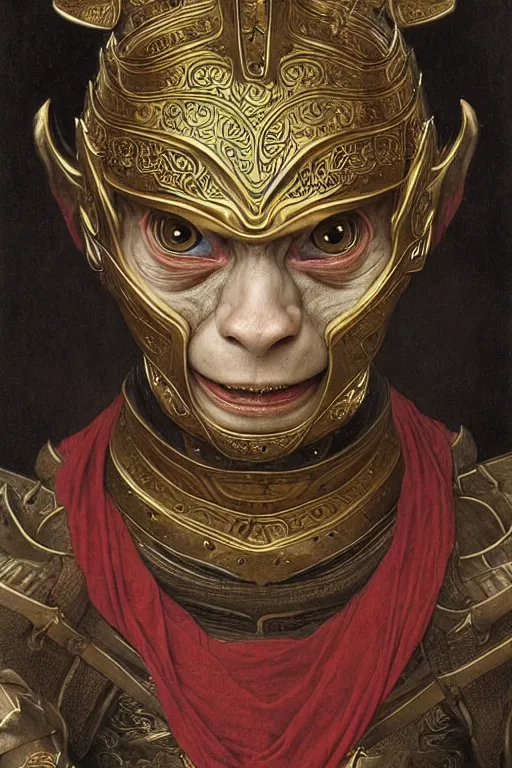 Prompt: portrait of gollum in a chinese dragon in armor and helmet, complex patterns, details, majestic, solemn, gorgeous, symmetrical, detailed intricate, hyper realistic, by bouguereau