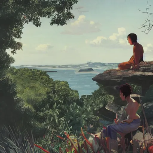 Prompt: tiger looking at the ocean on a hilltop, super detailed, takehiko inoue, artgerm, tatsuro kiuchi, ilya kuvshinov, by henri rousseau, by greg hildebrandt, 8 k render