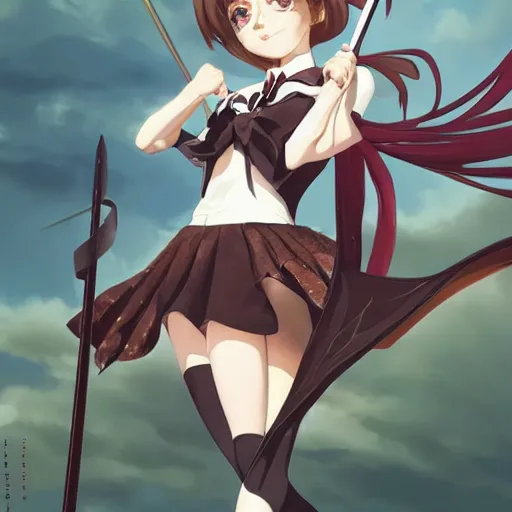 Prompt: full body of a beautiful kill la kill high school girl, brown hair, ponytail, white ribbon, green eyes, full perfect face, western, fantasy, intricate, elegant, highly detailed, digital painting, artstation, detailed school background, matte, sharp focus, illustration, art by Artgerm, Greg Rutkowski, Alphonse Mucha, Sasoura, Satchely, no distorsion