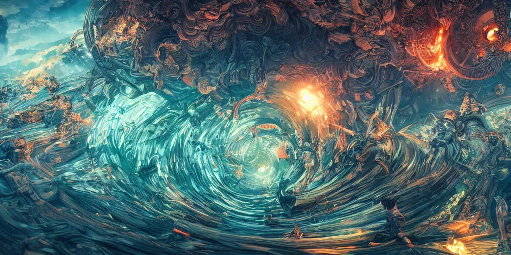 Image similar to the whirlwinds of revolt will continue to shake the foundations of our nation until the bright day of justice emerges. ultrafine highly detailed hyper colorful illustration, intricate linework, sharp focus, octopath traveler, final fantasy, unreal engine highly rendered, global illumination, radiant light, intricate environment