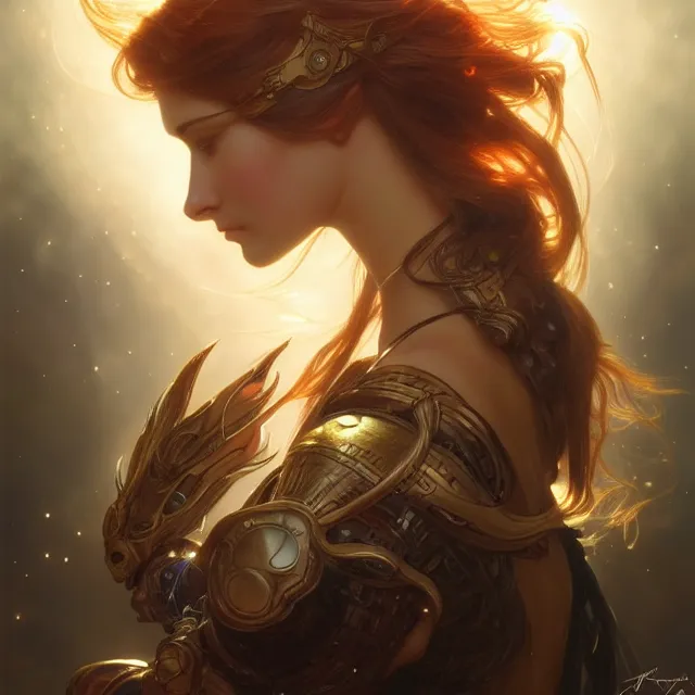 Image similar to close up portrait of a beautiful fantasy female warrior, shiny, glowing hair, subsurface scattering, artistic, magical background with light rays, fantasy atmosphere. art by artgerm, greg rutkowski and alphonse mucha, highly detailed, intricate, lifelike. sci - fi, fantasy, magical, octane render,