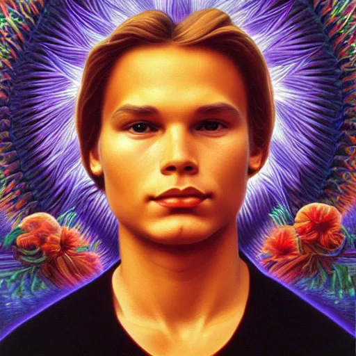 Image similar to river phoenix by Alex Grey and Lisa Frank and William Adolphe Bouguereau