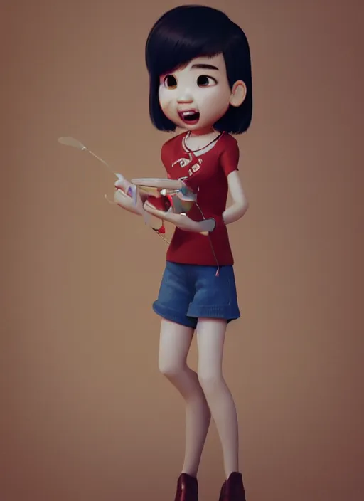 Image similar to a cute Asian girl singing, short stylish hair in the style of pixar animation, mid-shot, low angle view, 16mm lens, award winning, hyper detailed, studio lighting, artstation, octane renderer, unreal engine