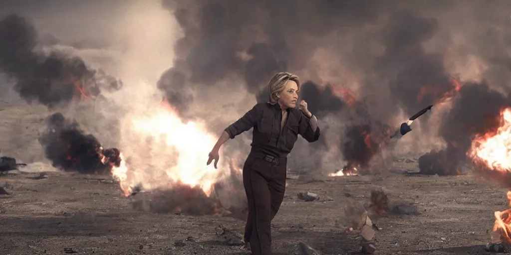 Prompt: movie still of hilary clinton fighting in libya, focused shot, close shot, realistic, smoke, fire, octane render