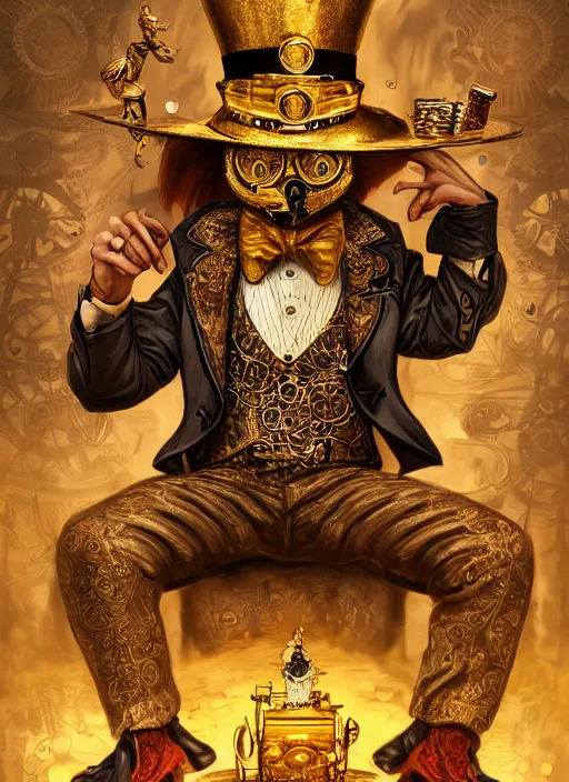 Prompt: athropomorphized rich duck capitalist sitting on pile of gold, wearing steampunk top hat, steampunk goggles, casting spell, concept art, insanely detailed and intricate, hypermaximalist, elegant, ornate, hyper realistic, super detailed, art deco, cinematic, trending on artstation, magic the gathering artwork