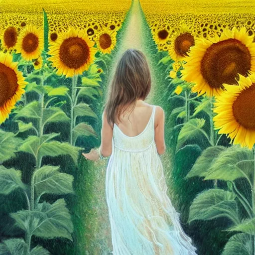 Image similar to a girl slowly walking through amazing tall sunflower field, her hair flowing down, subtle, intricate details, real masterpiece, oil on canvas, by somsak anong