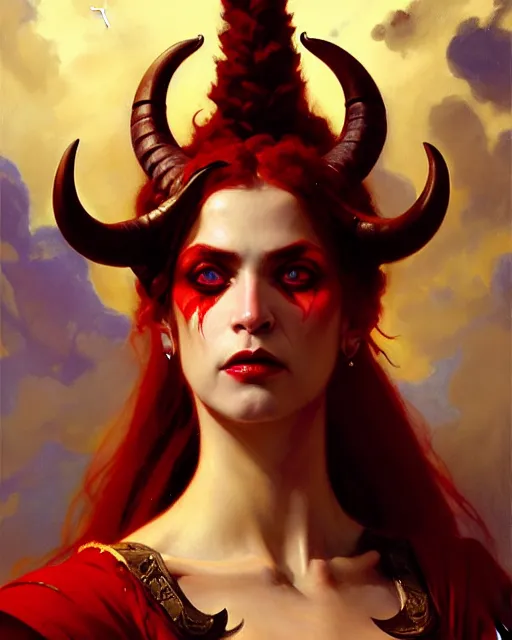 Image similar to painted close - up portrait of an attractive red - skinned intimidating demon girl with ram horns. oil painting, wearing a noblewoman's outfit, fantasy art by greg rutkowski and john singer sargent and gaston bussiere, demon noble character design