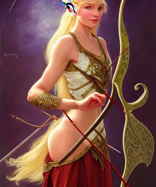 Image similar to aurora aksnes as a fantasy elf with a bow and arrow, portrait, fantasy, intricate, elegant, highly detailed, digital painting, artstation, concept art, smooth, sharp focus, illustration, art by artgerm and larry elmore and alphonse mucha