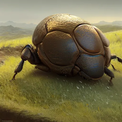 Prompt: a dung beetle pushing the earth up a hill, ultra realistic, concept art, intricate details, highly detailed, photorealistic, octane render, 8 k, unreal engine. art by artgerm and greg rutkowski and magali villeneuve and alphonse mucha
