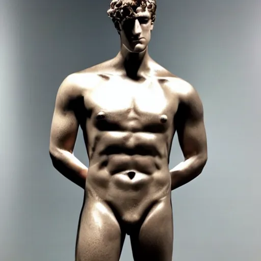 Image similar to a realistic detailed photo of a guy who is an attractive humanoid who is half robot and half humanoid, who is a male android, boxer and youtuber logan paul, shiny skin, posing like a statue, blank stare, at the museum, on display