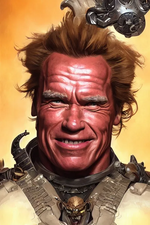 Image similar to portrait of arnold schwarzenegger as junkrat from overwatch, full body, fantasy, intricate, elegant, highly detailed, digital painting, artstation, concept art, sharp focus, illustration, art by artgerm and greg rutkowski and alphonse mucha