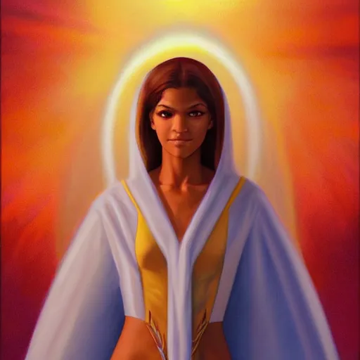 Image similar to a painting of Zendaya as the Messiah by Ross Tran, Bruce Timm and Vladimir Kush, highly detailed digital art, holy aura, serene expression