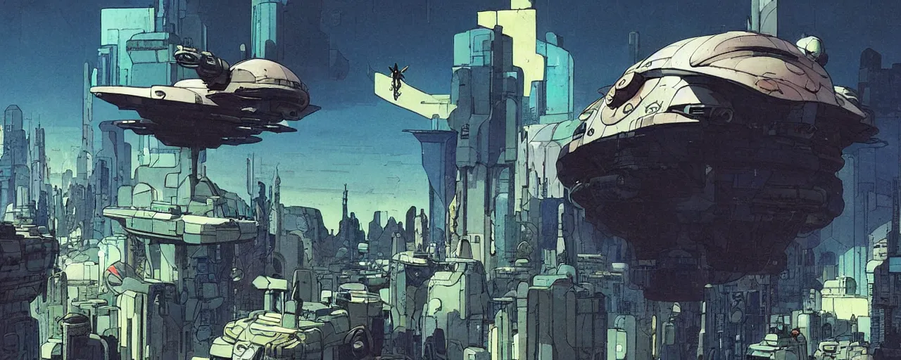 Image similar to a large whimsical spaceship floating above a cyberpunk city, by Mike Mignola, Robbie Trevino, ellen jewett, Yoji Shinkawa