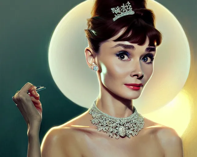 Image similar to photography of audrey hepburn in breakfast at tiffany's, deep focus, intricate, elegant, highly detailed, digital painting, artstation, concept art, matte, sharp focus, illustration, art by artgerm and greg rutkowski and alphonse mucha