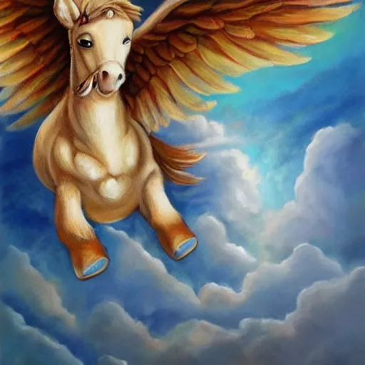 Image similar to a beautiful painting of lil' sebastian with angel wings in heaven