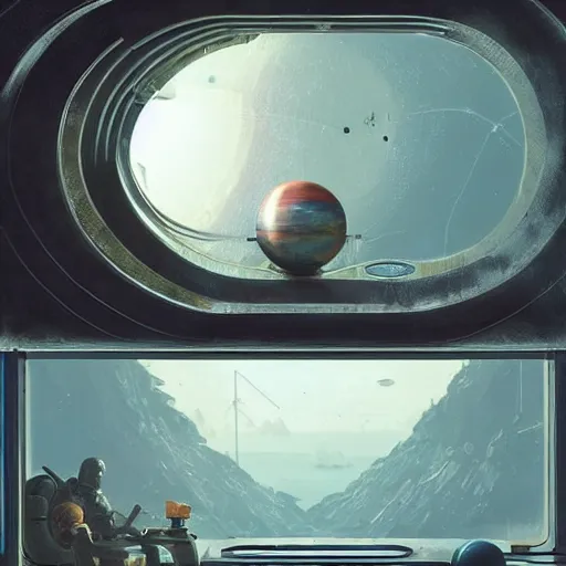 Prompt: in the oxidized futuristic interior of a tin can floating in orbit round the planet looking through the window there is the pale blue dot, the shrinking blue orb. aleksi briclot paul chadeisson marc simonetti pablo carpio raphael lacoste hitchhiker's guide to the galaxy