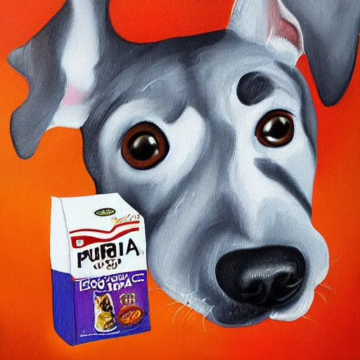 Prompt: bag of purina dog food surrealist painting