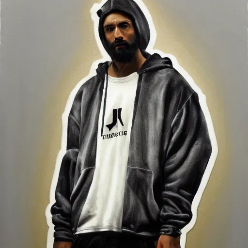 Image similar to a full body portrait of modern day jesus wearing yeezus streetwear hoodie and pants by nicola samori, oil painting, realistic, 8 k, adidas sneakers style