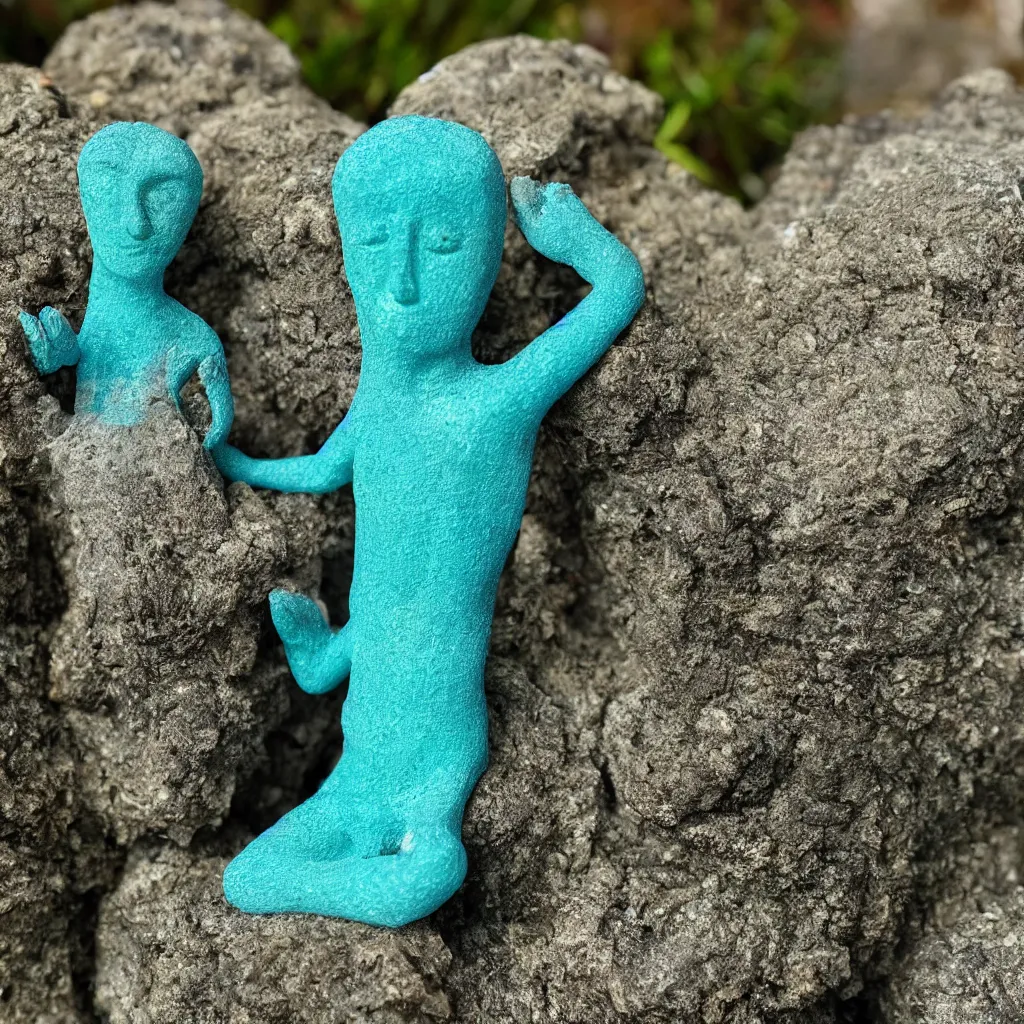 Prompt: Stone figurine of Gumby covered in bright blue moss