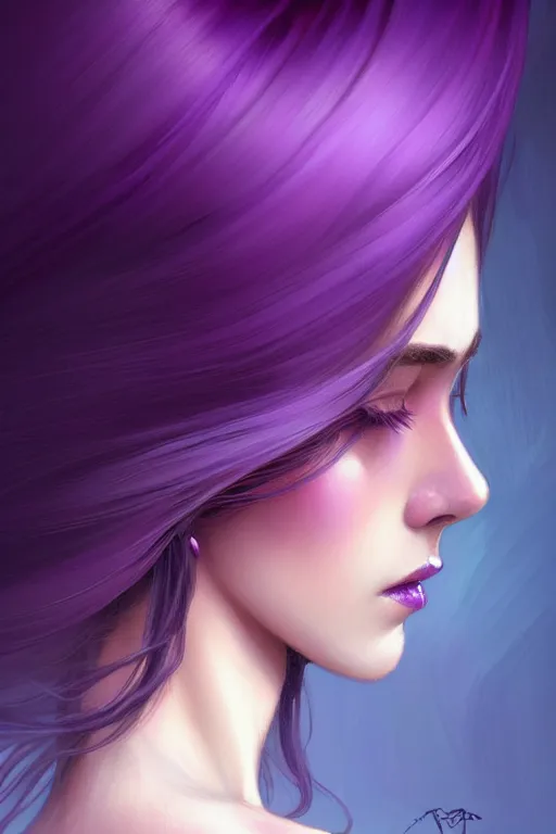 Image similar to Purple hair, creative colouring Portrait of woman face profile, fashion, coloured strands of hair, intricate, elegant, highly detailed, digital painting, artstation, concept art, smooth, sharp focus, illustration, art by artgerm and greg rutkowski and alphonse mucha