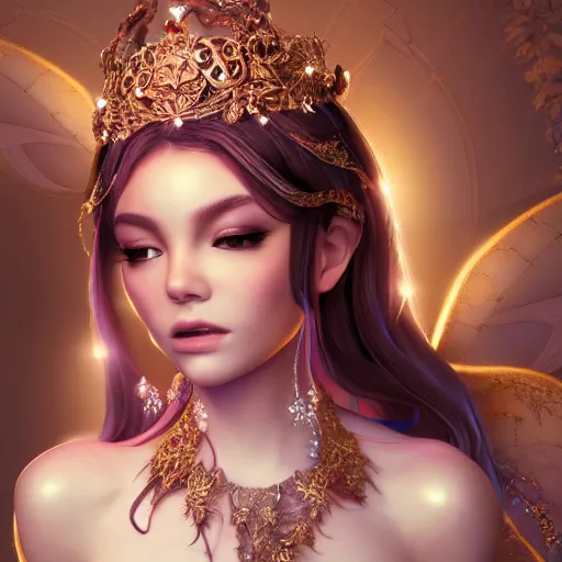 Image similar to portrait of fairy princess, glowing, ornate and intricate jewelry, jaw dropping beauty, glowing background lighting, white accent lighting, hyper detailed, fairy tale, 4 k octane render