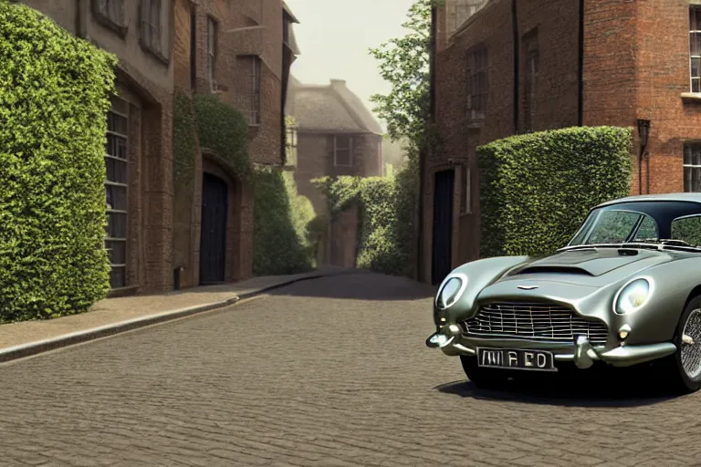 Image similar to a wholesome animation key shot of one focused shortened aston martin db 5, in a rich london mews residential street, waist height, medium range, studio ghibli, ( pixar ) and disney animation, sharp, very detailed, unreal engine 5 render, bloom, high resolution, anime key art by greg rutkowski