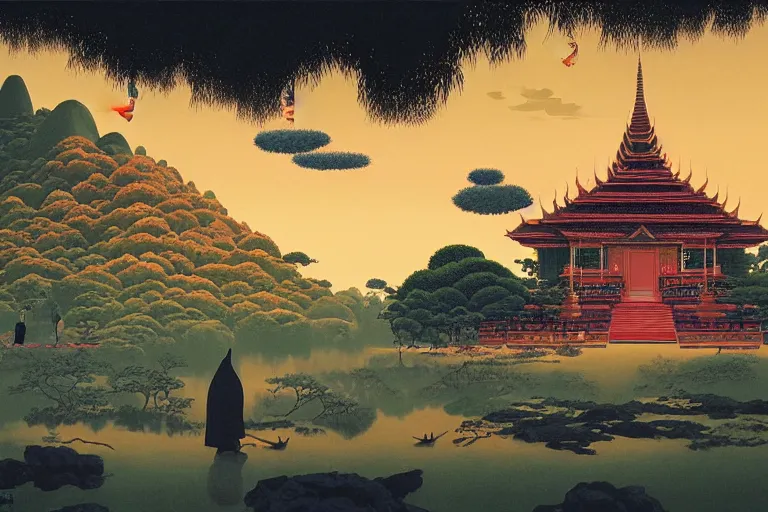 Image similar to summer morning, thai temple, rolling mountain, very coherent and colorful high contrast, art by gediminas pranckevicius, geof darrow, franz sedlacek, dark shadows, hard lighting, ukiyo - e, floralpuk risograph print