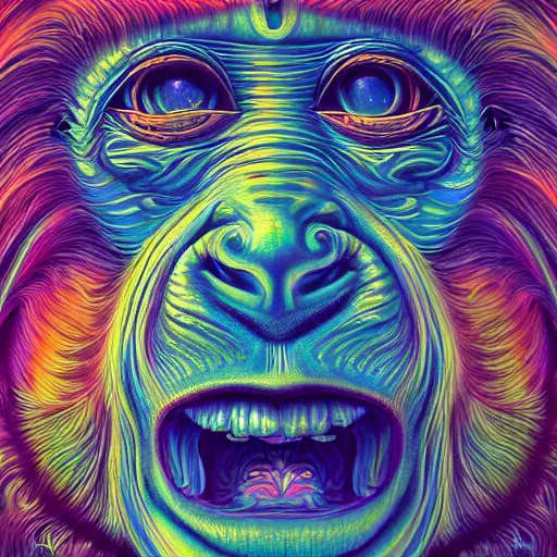 Prompt: An extremely psychedelic portrait of a monkey, surreal, LSD, face, detailed, intricate, elegant, lithe, highly detailed, digital painting, artstation, concept art, smooth, sharp focus, illustration