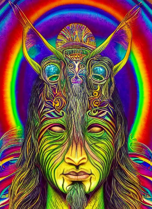 Prompt: a beautiful composition of a meditating glowing psychedelic spirit animal shaman the moment they reach enlightenment and enter nirvana, rich details full of texture, style by alex gray
