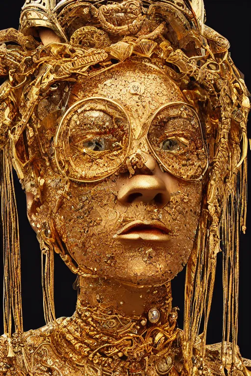 Image similar to sculpture made of gold, portrait, future, shaman, gold, close up, harper's bazaar, vogue, magazine, insanely detailed and intricate, concept art, ornate, luxury, elite, elegant, trending on artstation,