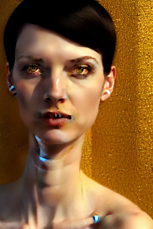 Image similar to Portrait of a beautiful pale skin Nordic female with short black hair, elegant, photorealistic, highly detailed, artstation, smooth, sharp focus, gold ornaments, neon lighting, sci-fi, art by Klimt.