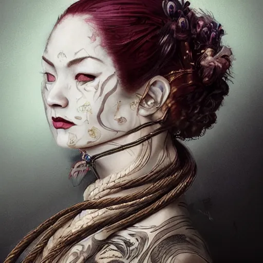 Image similar to portrait of a Shibari rope wrapped face and neck, headshot, insanely nice professional hair style, dramatic hair color, digital painting, of a old 18th century, Royal Emperor, facial tattoos, amber jewels, baroque, ornate clothing, scifi, realistic, hyperdetailed, chiaroscuro, concept art, art by Franz Hals and Jon Foster and Ayami Kojima and Amano and Karol Bak,