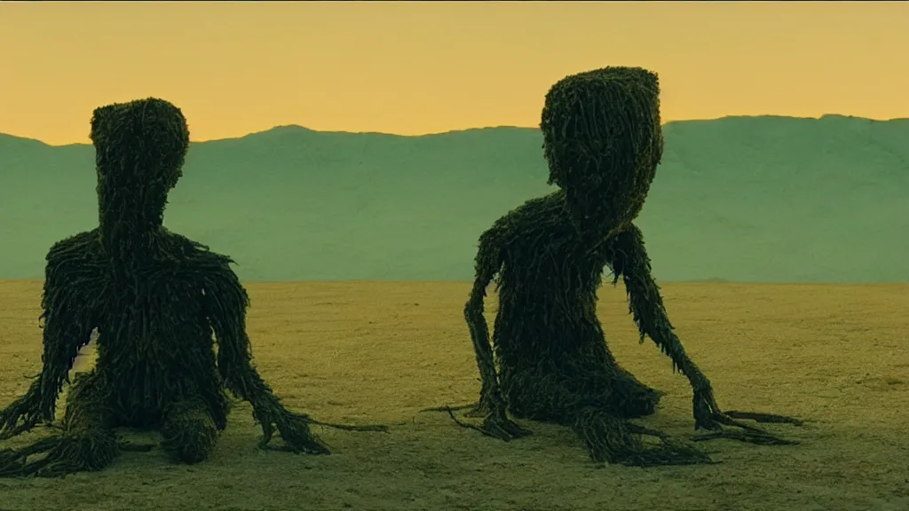 Image similar to the strange creature at the office that listens to my thoughts, made of oil and water, film still from the movie directed by Denis Villeneuve with art direction by Salvador Dalí, golden hour