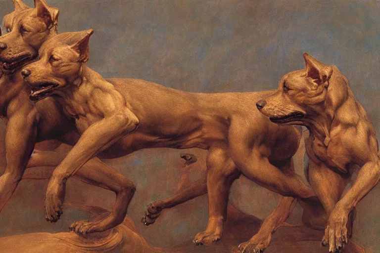 Image similar to hyperdetailed matte art of a three headed dog cerberus by william blake, ilya repin, amano, rene magritte, craig mullins, three headed dog cerberus, details