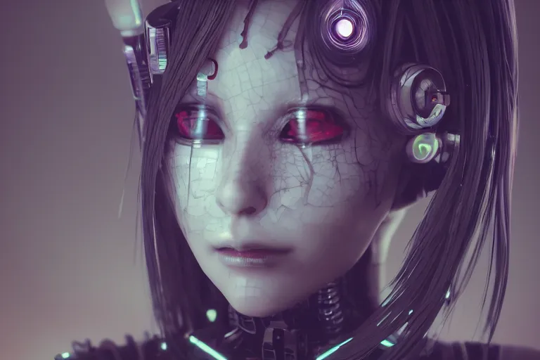 Image similar to creepy robot cyborg beauiful anime woman portrait stuck in the matrix, glitchy, buggy, playstation 1 graphics, low poly 3 d render, creepypasta, volumetric lighting, dramatic, octane render, award - winning, detailed, close - up, featured on artstation, atmospheric, ambient