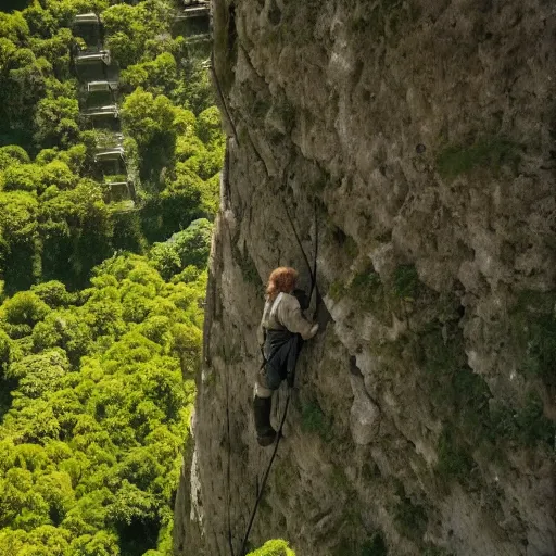 Image similar to Clever Hobbits, to climb so high, cinematic, 4k