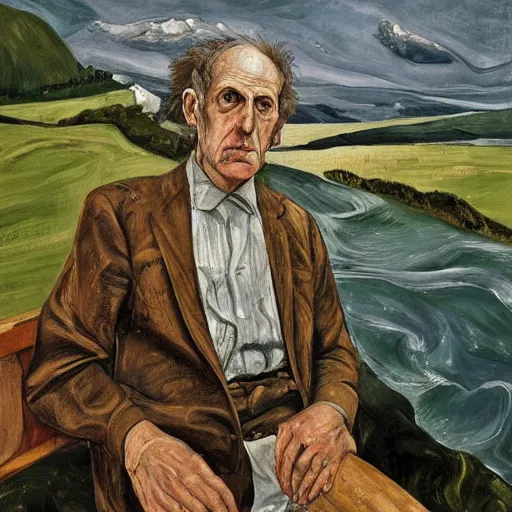 Prompt: a portrait of a character in a scenic environment by lucian freud