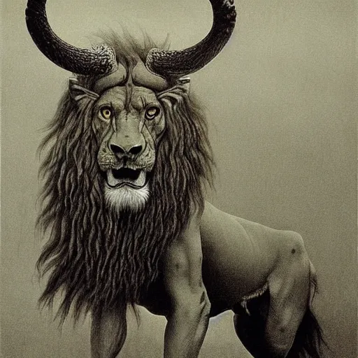 Image similar to a creature with the body and eyes of a man, with the beak of an eagle, the mane of a lion, and the horns of an ox. drawn by zdzislaw beksinski