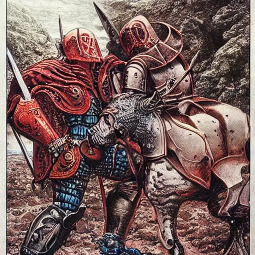 Prompt: two knights in armour fighting each other with swords, fluid, smooth, organic, crazy, bright, colours, tumours, high contrast, sharpness, dramatic, very detailed, intricate, by giger and corben and moebius and beksinski and bosch and bacon