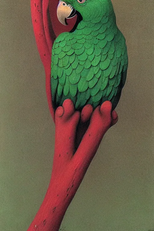 Image similar to beautiful emerald green parrot with red aura and eyes, by zdzisław beksinski, by gustave dore