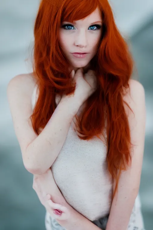 Prompt: a portrait of a redhead beautiful girl, green eyes, highly detailed, 8 5 mm f 1. 2
