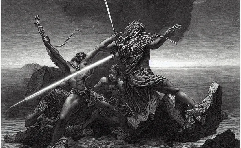 Image similar to the great greek warrior with a spear piercing the edge of the universe from the book of the long sun by gene wolfe, by gustave dore