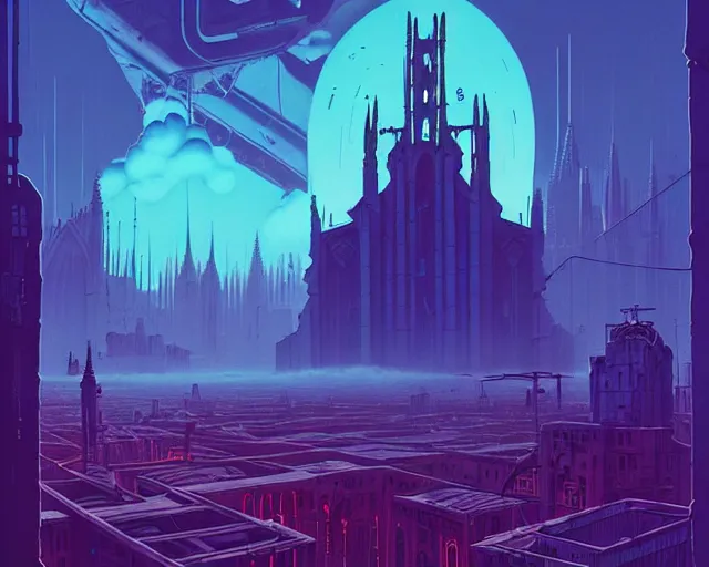 Prompt: a ruined gothic cathedral floating on the clouds above a modern city by josan gonzalez and simon stalenhag, cyberpunk, vibrant, neon signs, high contrast, light blue sky