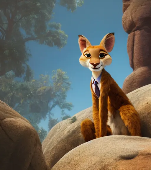 Image similar to a film still from the movie zootopia main character portrait anthro anthropomorphic mountain lion head animal person fursona wearing suit and tie pixar disney dreamworks animation sharp rendered in unreal engine 5 octane key art by greg rutkowski bloom dramatic lighting modeling expert masterpiece render