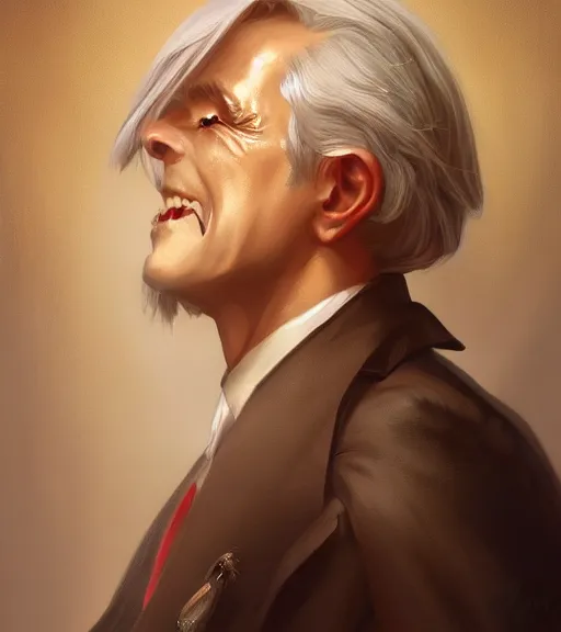 Image similar to a vampire wearing a golden dress, grey hair, red necktie, cinematic, stunning, highly detailed, digital painting, artstation, smooth, hard focus, full body shot, illustration, art by artgerm and greg rutkowski and alphonse mucha