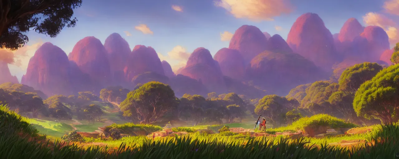 Image similar to australian impressionism landscape, pokemon sword and shield ghibli landscape illustration close floral clearing and mountains in the background, deep focus, d & d, fantasy, intricate, elegant, highly detailed, digital painting, artstation, concept art, matte, sharp focus, illustration, hearthstone, art by fire watch game and greg rutkowski, no characters